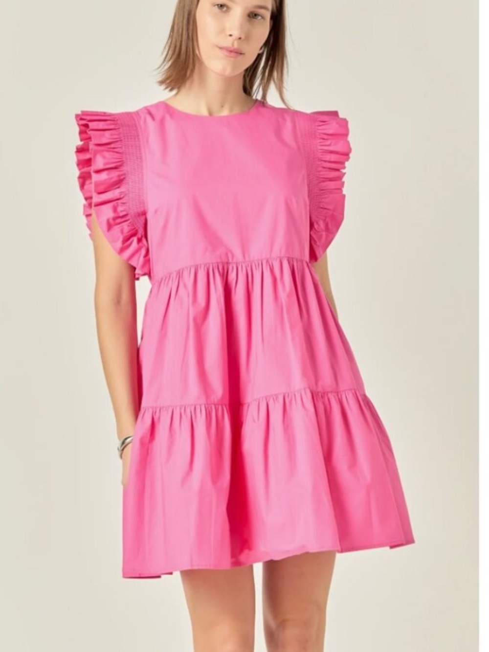 English Factory | Ruffled Babydoll Mini Dress w/ Pockets Fuchsia Pink